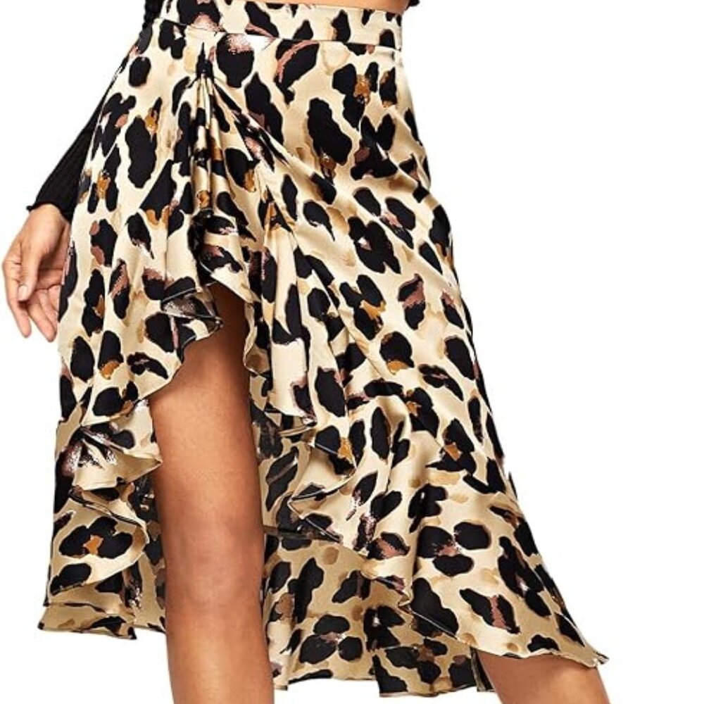 Verdusa Leopard Print Ruffle Asymmetric Hem Satin Midi Skirt, MEDIUM